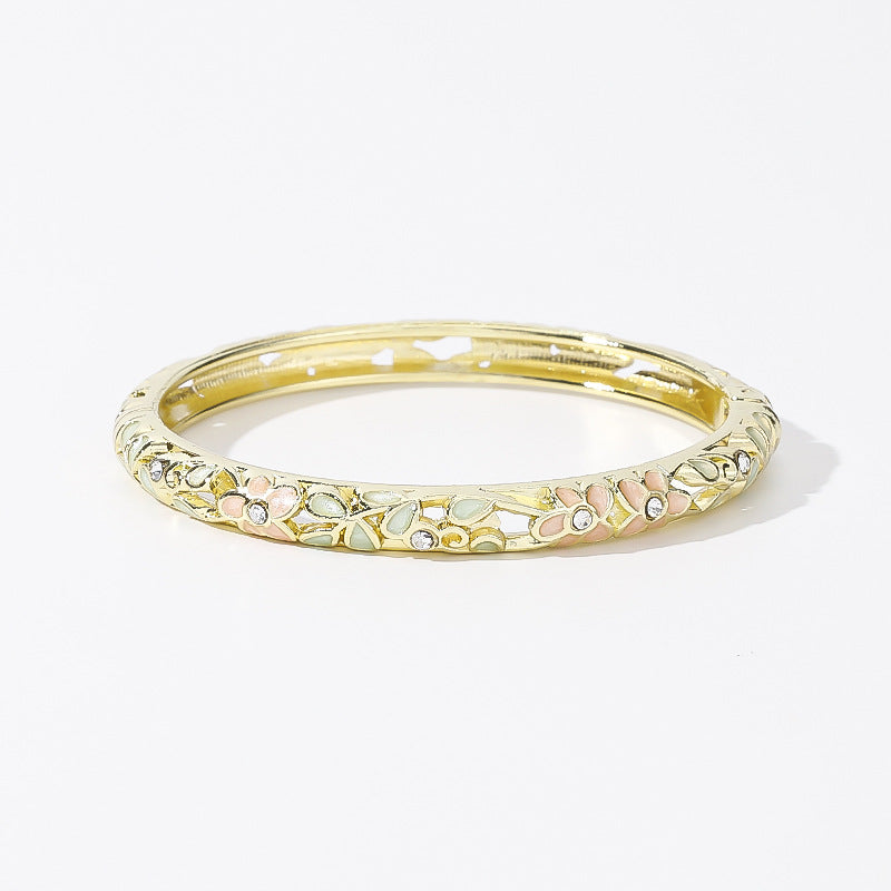 Hollow‑Out Enamel Floral Inlaid Diamond Spring‑Opening Bangle, Multi‑Color Options
