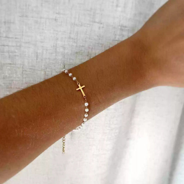 Pearl & Cross Necklace & Bracelet Set (Light Luxury Minimalist Elegance Style)