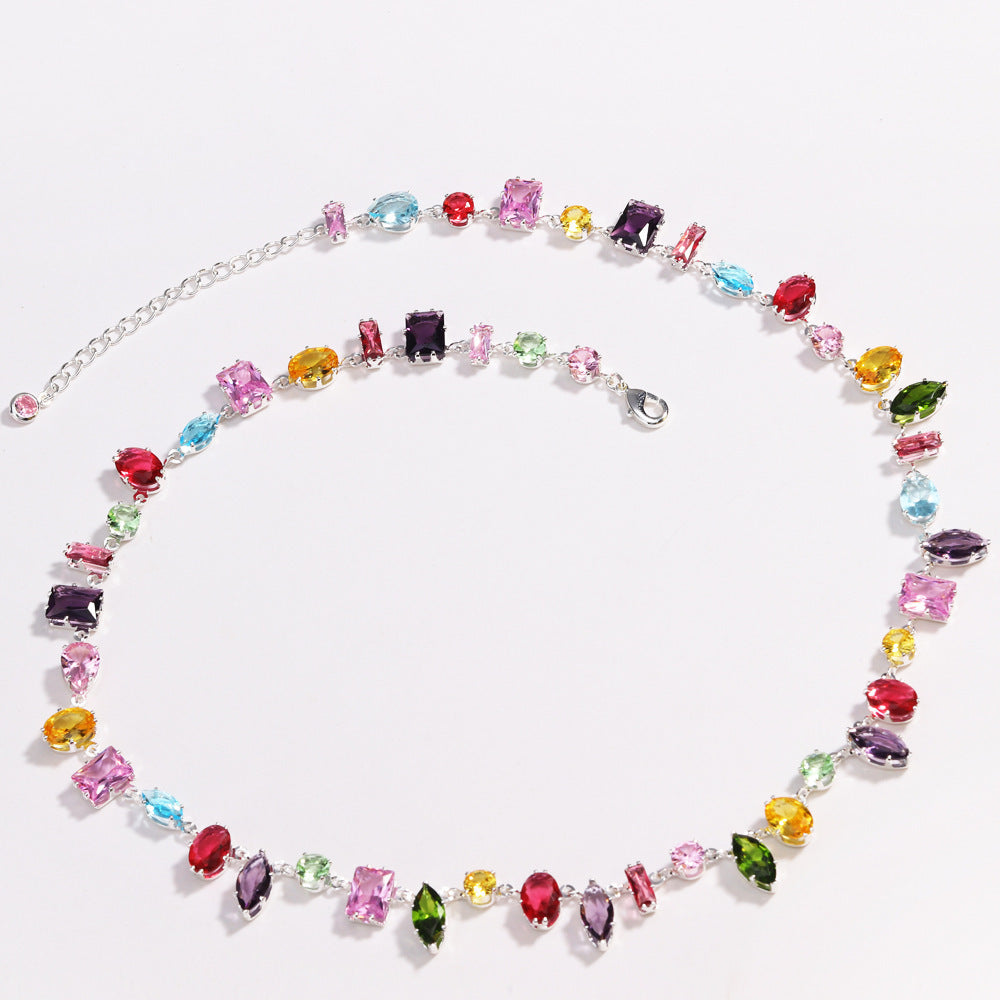 Multi-Shape Rainbow Diamond Prong Chain Jewelry, Gold &amp; Silver Rainbow Gem Bracelet &amp; Matching Choker Necklace Set