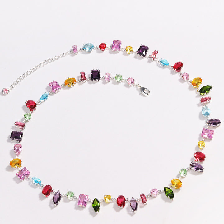 Multi-Shape Rainbow Diamond Prong Chain Jewelry, Gold &amp; Silver Rainbow Gem Bracelet &amp; Matching Choker Necklace Set
