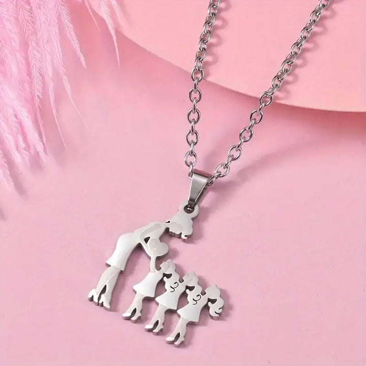 Mother & Kids Silhouette Pendant Necklace, 316L Titanium Steel Silver Plated Family Keepsake Necklace, Multiple Figures, Gold & Silver Family Jewelry