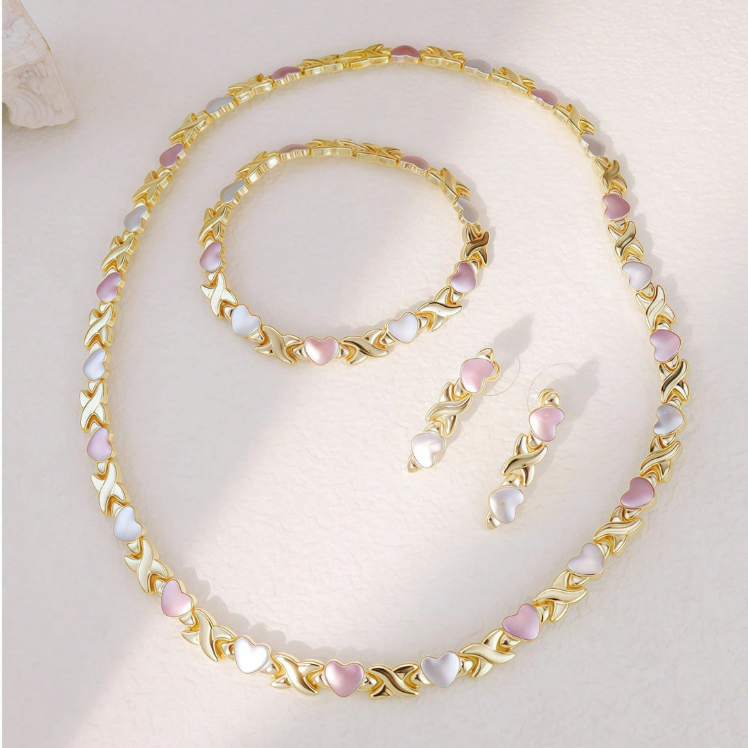 Sweet Two-Tone Enamel Heart Jewelry Set, 3Pcs Necklace Bracelet Earrings Heart Matching Jewelry