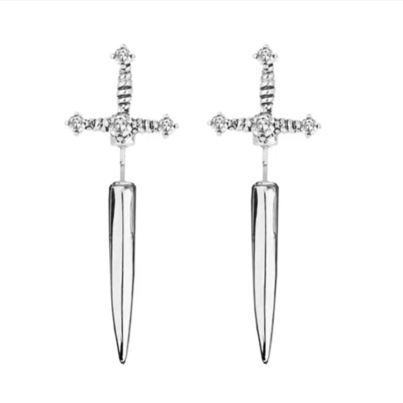 Cross‑Sword Black Diamond Stud Earrings