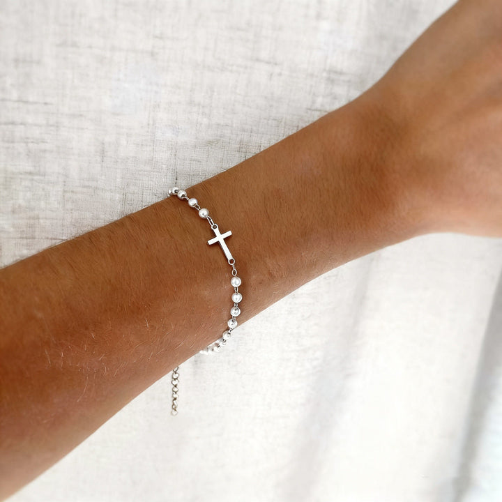 S925 Silver Pearl Cross Thin Bracelet, Minimalist Religious Beaded Bracelet for Women, Gold & Silver Two Tones