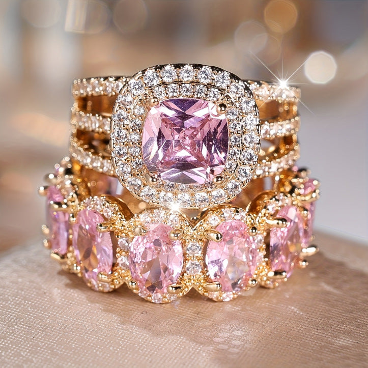 Luxury Two‑Piece Halo Ring Set, S925 Silver Multi‑Color Center Stone Women’s Engagement Ring Set in Gold & Silver Tone