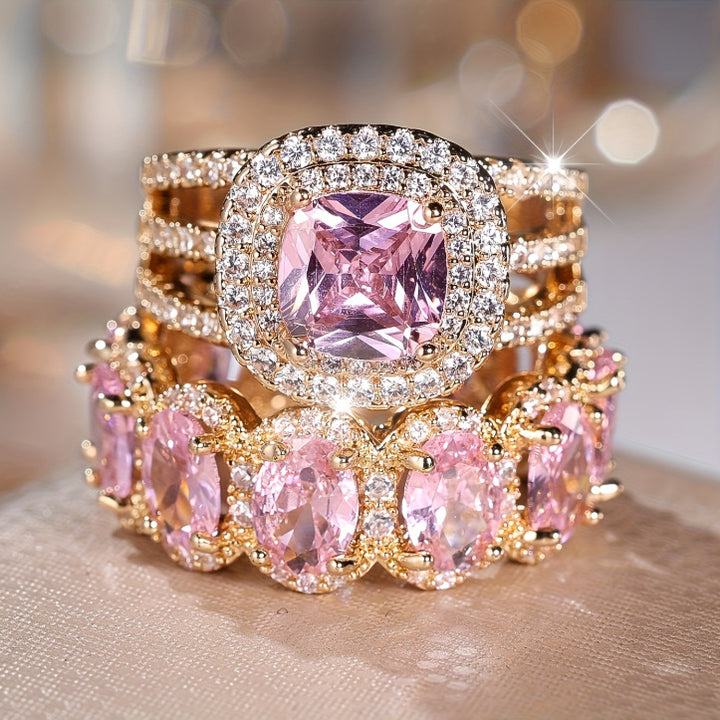 Luxury Two‑Piece Halo Ring Set, S925 Silver Multi‑Color Center Stone Women’s Engagement Ring Set in Gold & Silver Tone