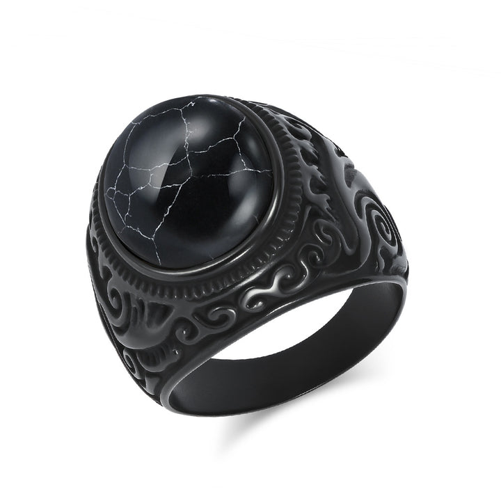 Vintage Scroll Pattern Oval Gemstone Signet Ring, S925 Silver Silver & Matte Black Two Tone Men Wide Band with Tiger Eye, Howlite, Crack Stone