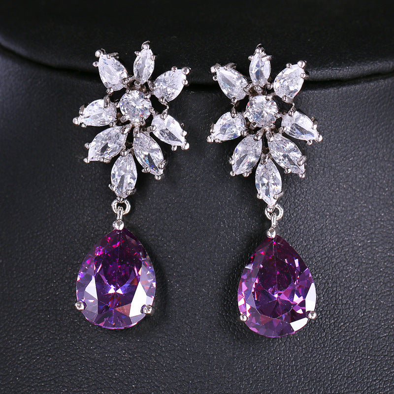 Snowflake Diamond Cluster Teardrop Drop S925 Silver Earrings, Multi-color Gem Long Evening Earrings