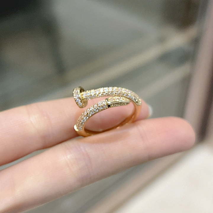 Full Pave Open Nail Shape Ring, Multi-Tone Plated Luxury Spiral Crystal Band