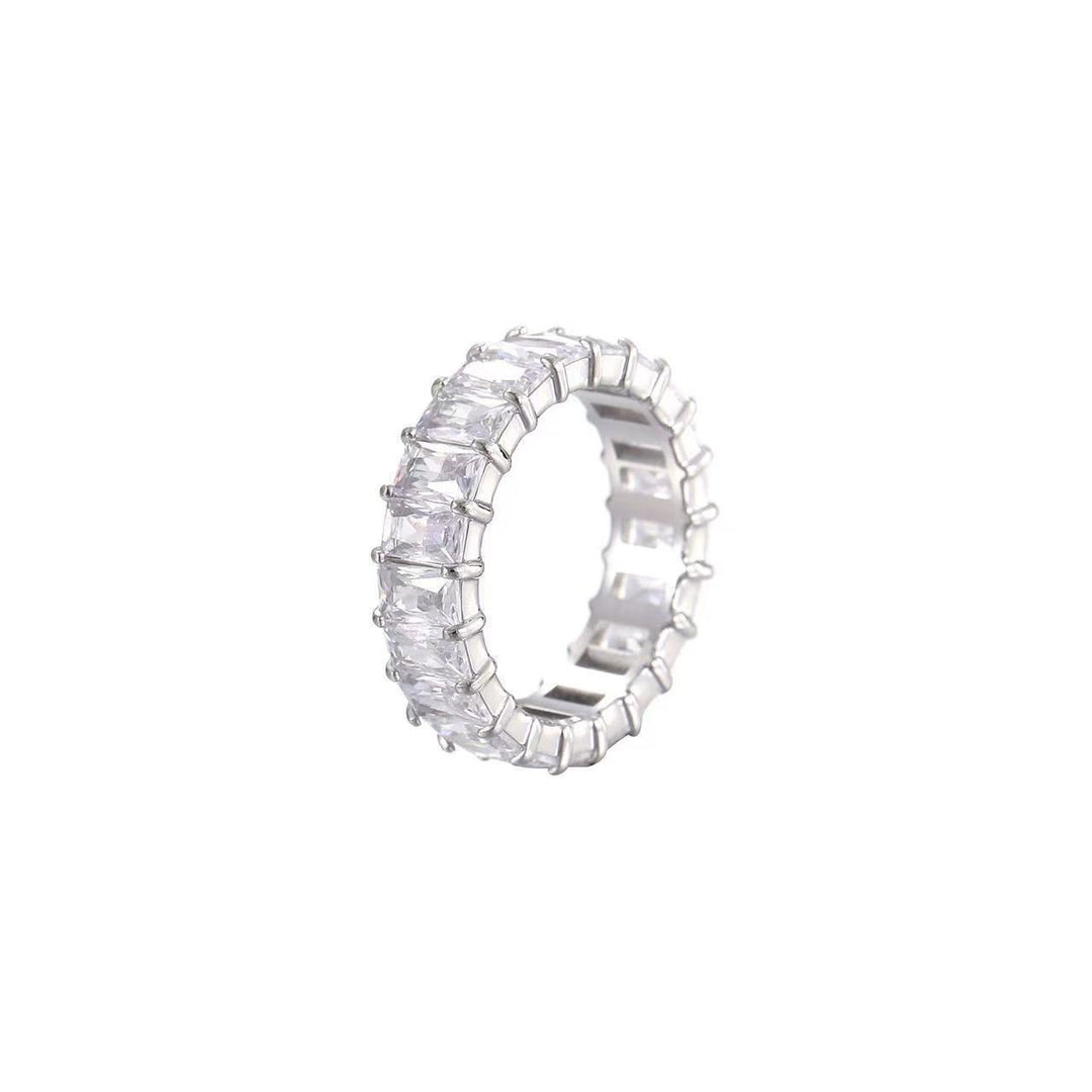 Baguette Cut Full Eternity Ring, Multi-Color Paved Diamond Gold & Silver Luxury Stackable Band