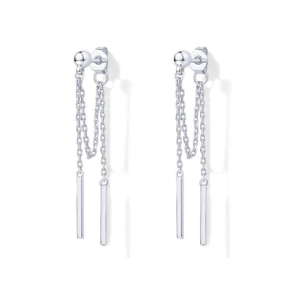Double Chain Bar Tassel S925 Silver Stud Earrings, Minimal Long Drop Earrings Available in Gold & Silver Tone