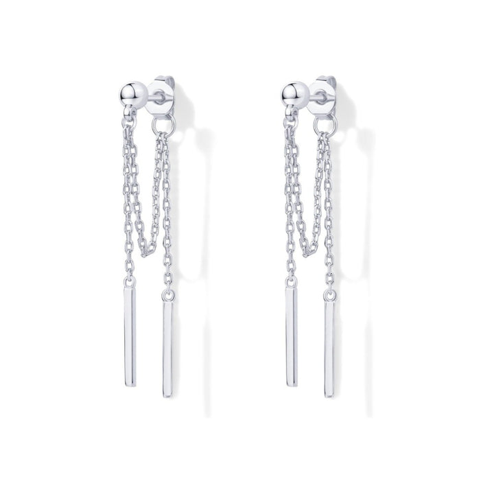 Double Chain Bar Tassel S925 Silver Stud Earrings, Minimal Long Drop Earrings Available in Gold & Silver Tone