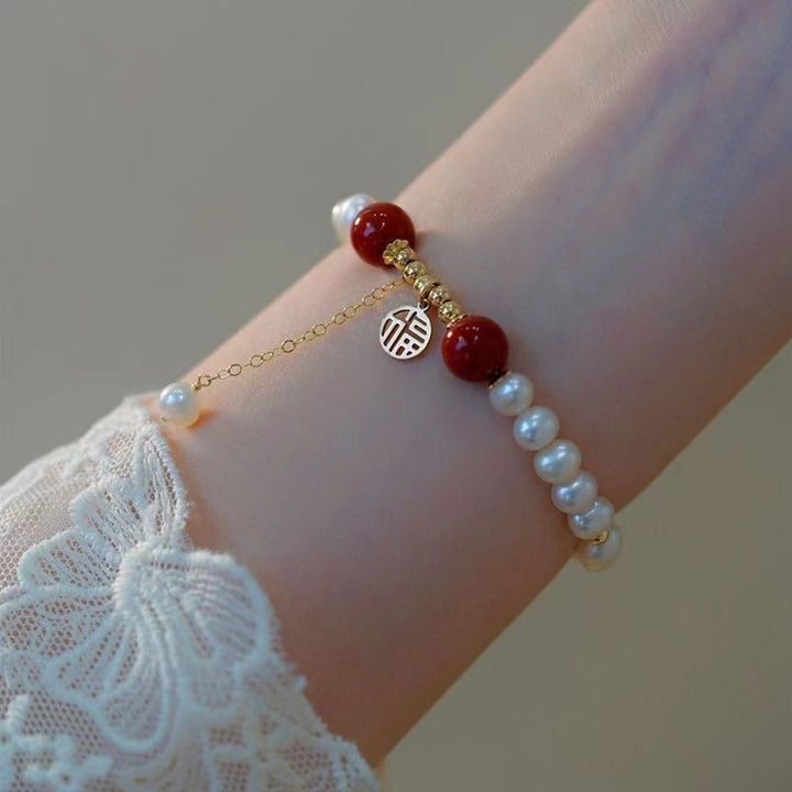 Soft Style Pearl Dainty Bracelets, Multi-Tone Peach/Tag/Coin/Red Bead/Green Jade Minimal Wrist Beads