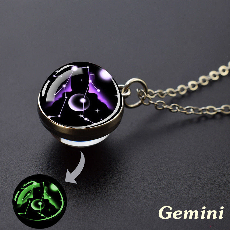 12 Constellations Double‑Sided Glass Ball Pendant Necklace