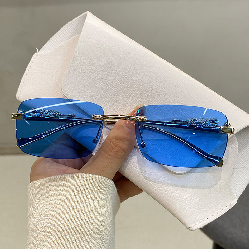 Luxury Leopard Carved Rimless Cut Sunglasses, Multi Gradient UV Protection Shades