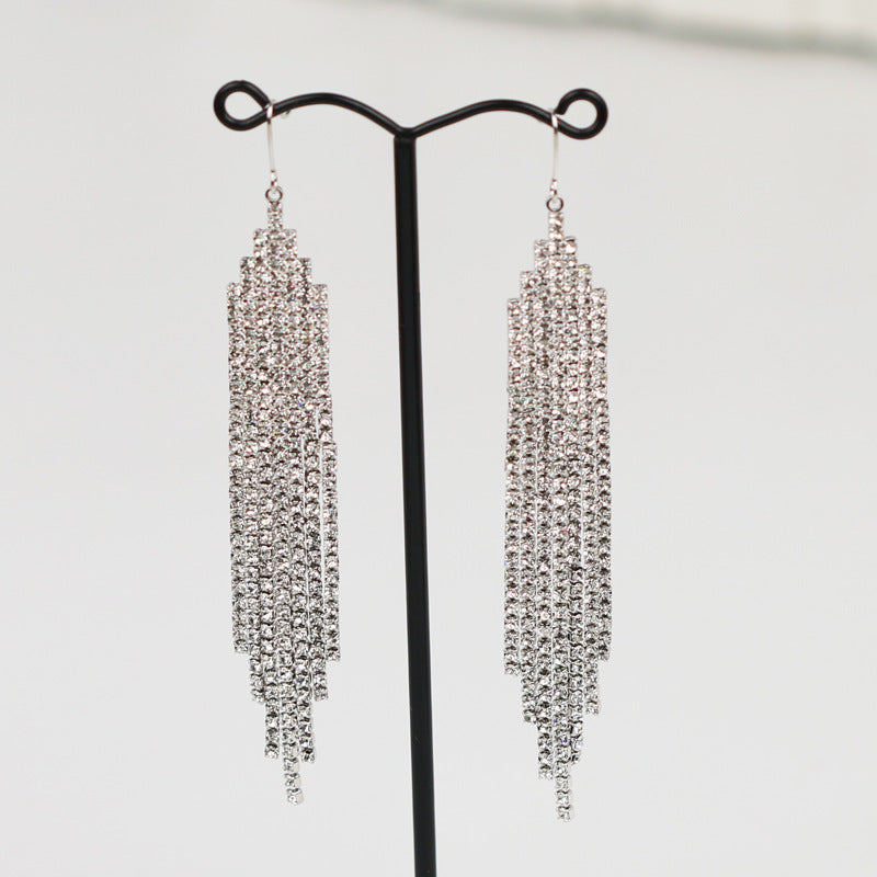 Tiered Paved Diamond Long Tassel Earrings, Silicone Clip-On & Hook Versions Gold Silver Sparkling Banquet Dangle Jewelry