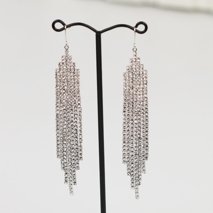 Tiered Paved Diamond Long Tassel Earrings, Silicone Clip-On & Hook Versions Gold Silver Sparkling Banquet Dangle Jewelry