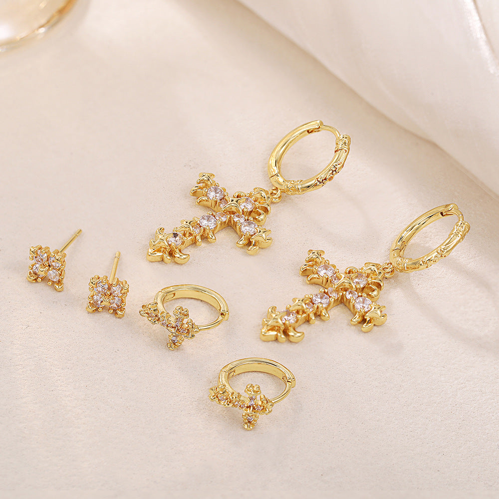 Vintage Carved Cross Diamond Earring Set, Gold Gothic Multi-style Cross Earring Pack