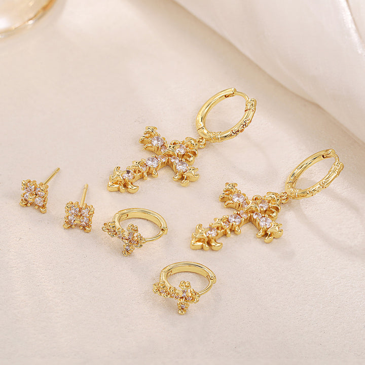 Vintage Carved Cross Diamond Earring Set, Gold Gothic Multi-style Cross Earring Pack