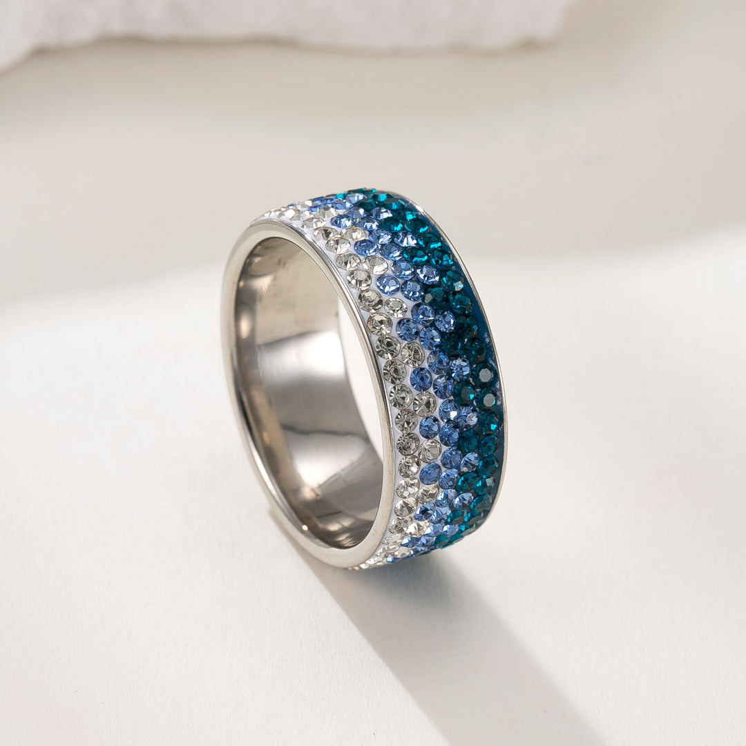 Multi-Row Paved Crystal Wide Titanium Steel Ring, Solid & Gradient Rhinestone Waterproof Band Gold Silver Black Couple Jewelry