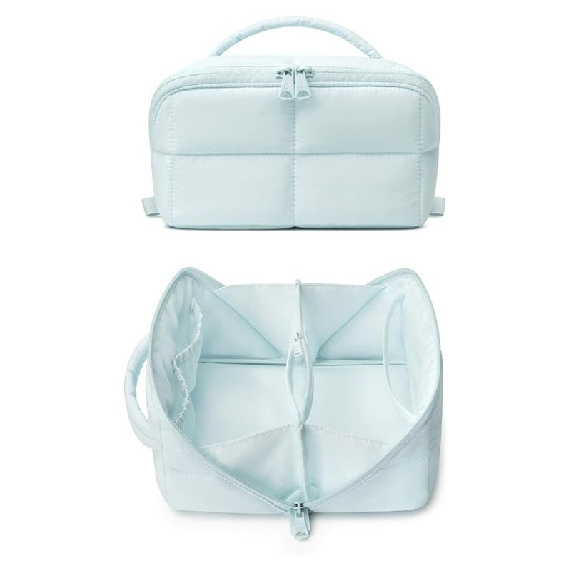 Solid Color Quilted Divided Handheld Makeup Bag, Large Capacity Multi-Compartment Portable Toiletry Storage Case