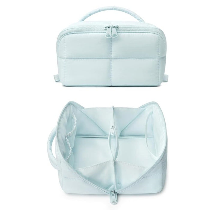 Solid Color Quilted Divided Handheld Makeup Bag, Large Capacity Multi-Compartment Portable Toiletry Storage Case