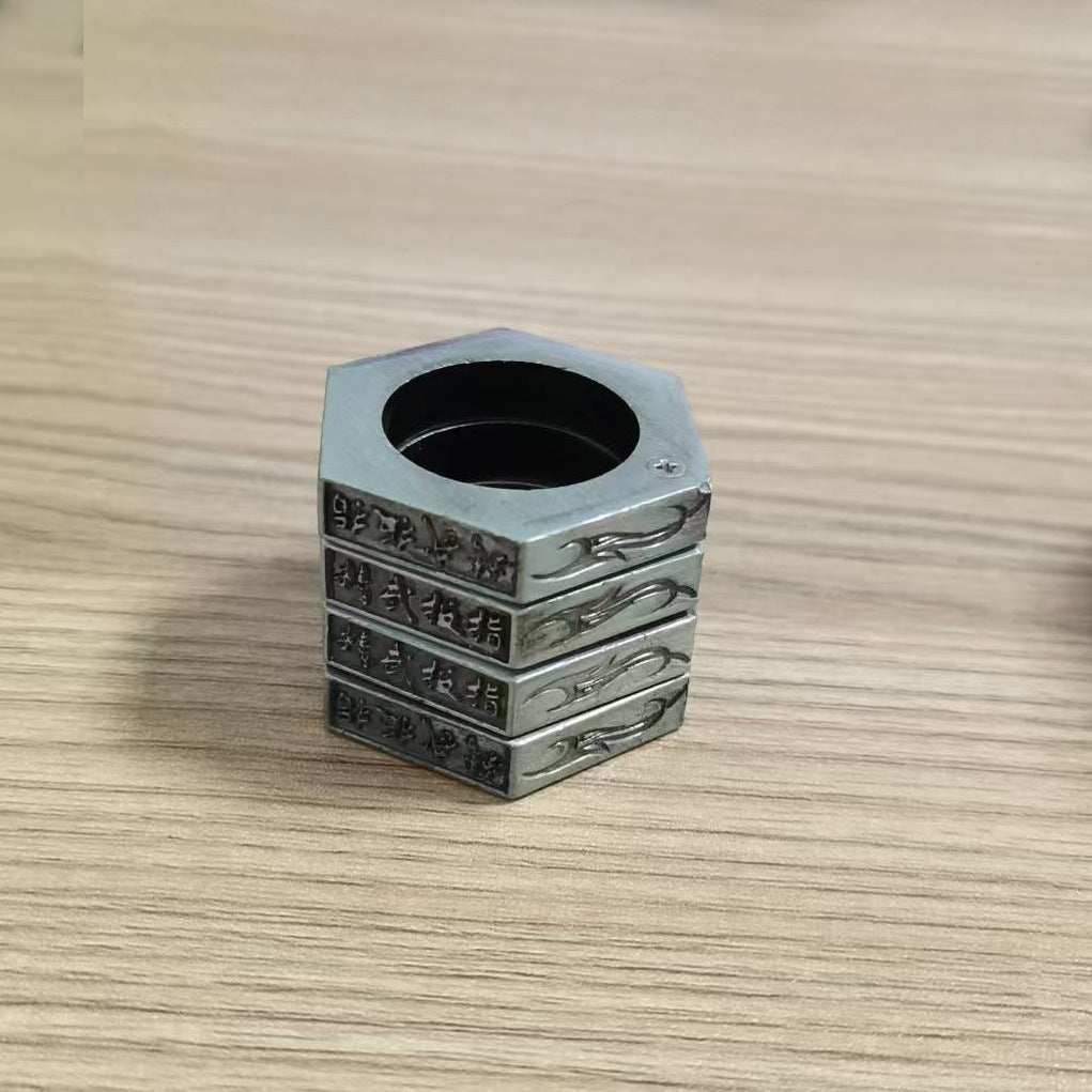 Hexagon Multi-Layer Rotatable Carved Thumb Ring, Titanium Steel Vintage Spinning Men Band, Self Defense Ring
