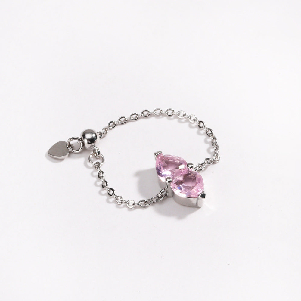 Two Hearts Joined Diamond Adjustable Chain Ring (Multi-Color Delicate Statement Band)