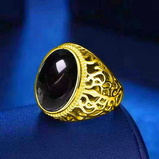 S925 Silver Black Onyx Openwork Carved Men's Ring (Vintage Luxury Gentleman's Band)