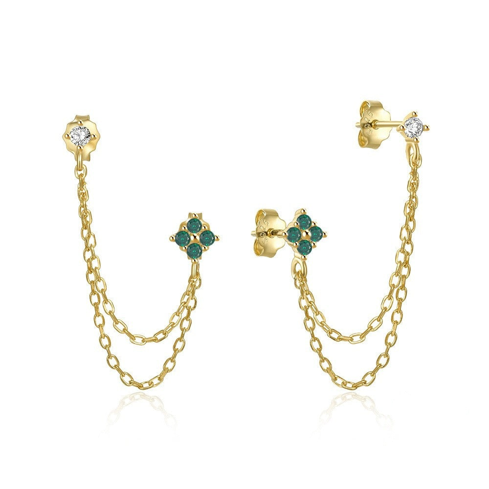 S925 Silver Two-hole Double Chain Flower Diamond Stud Earrings, Multi-color Double Layer Chain Tassel Earrings
