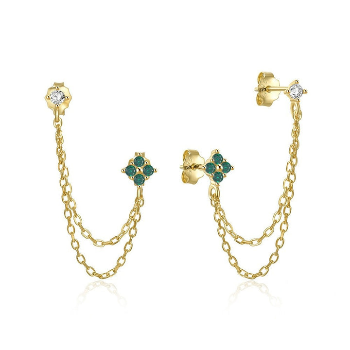 S925 Silver Two-hole Double Chain Flower Diamond Stud Earrings, Multi-color Double Layer Chain Tassel Earrings