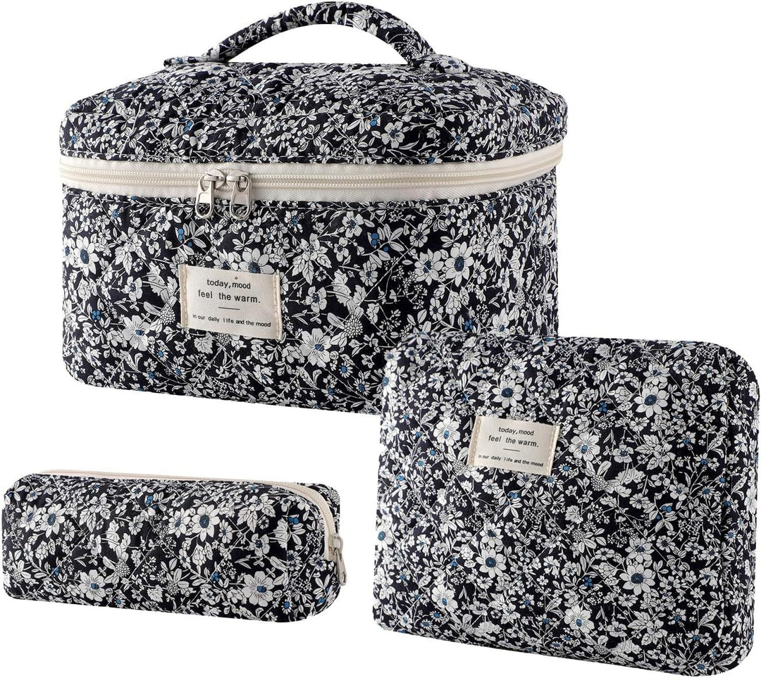 Floral Quilted 3-Piece Makeup Bag Set, Large Capacity Handheld Cosmetic Bag Portable Storage Pouch & Pencil Case Kit