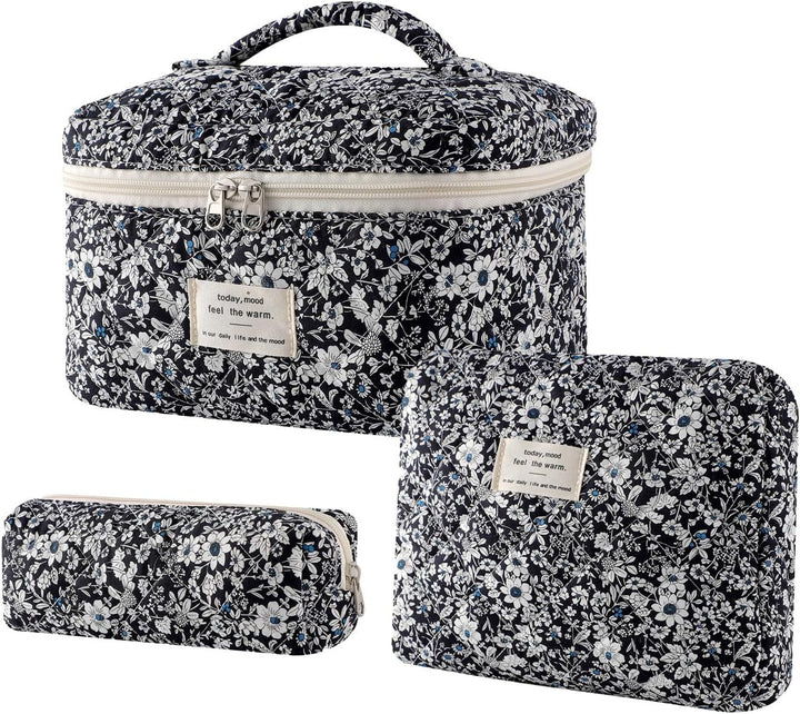 Floral Quilted 3-Piece Makeup Bag Set, Large Capacity Handheld Cosmetic Bag Portable Storage Pouch & Pencil Case Kit