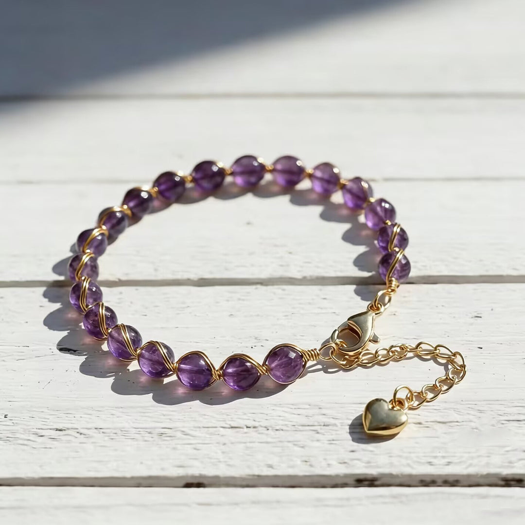 Hand‑Wrapped Natural Crystal Bracelet With Heart‑Shaped Extender, 4 Colors Available