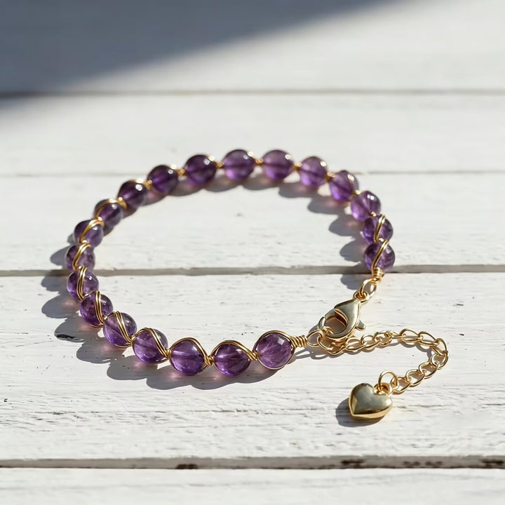 Hand‑Wrapped Natural Crystal Bracelet With Heart‑Shaped Extender, 4 Colors Available