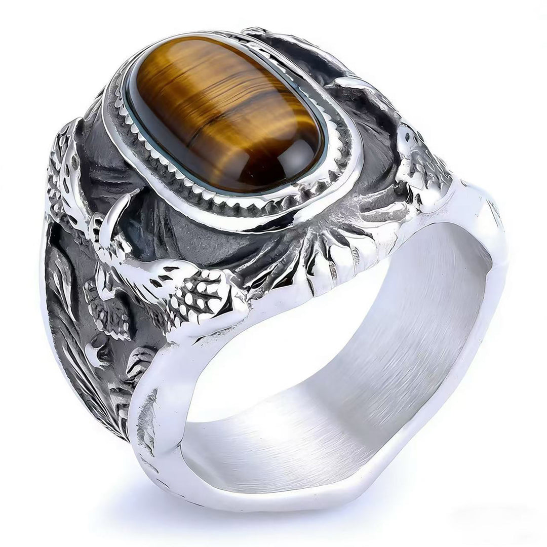 Western Style 3D Eagle Embossed Oval Gemstone Signet Ring, S925 Silver 3 Finishes Turquoise & Tiger Eye Vintage Wide Band For Men