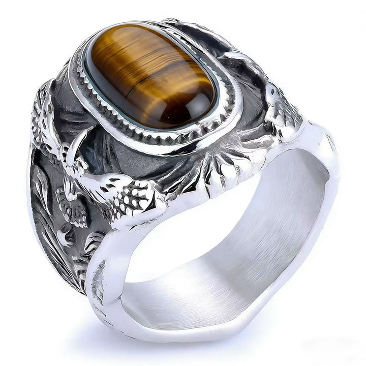Western Style 3D Eagle Embossed Oval Gemstone Signet Ring, S925 Silver 3 Finishes Turquoise & Tiger Eye Vintage Wide Band For Men