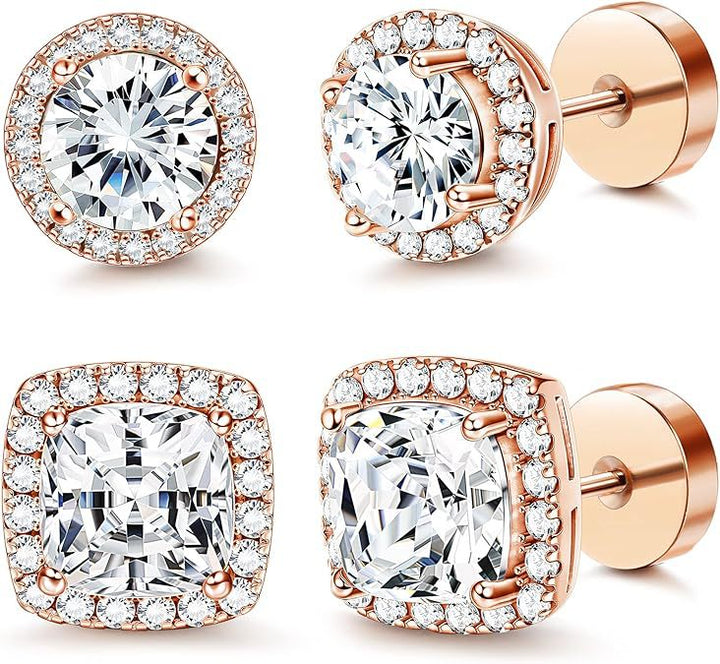 Round & Cushion Halo Diamond S925 Silver Stud Earrings, 4 Colors Dual Style Diamond Earrings