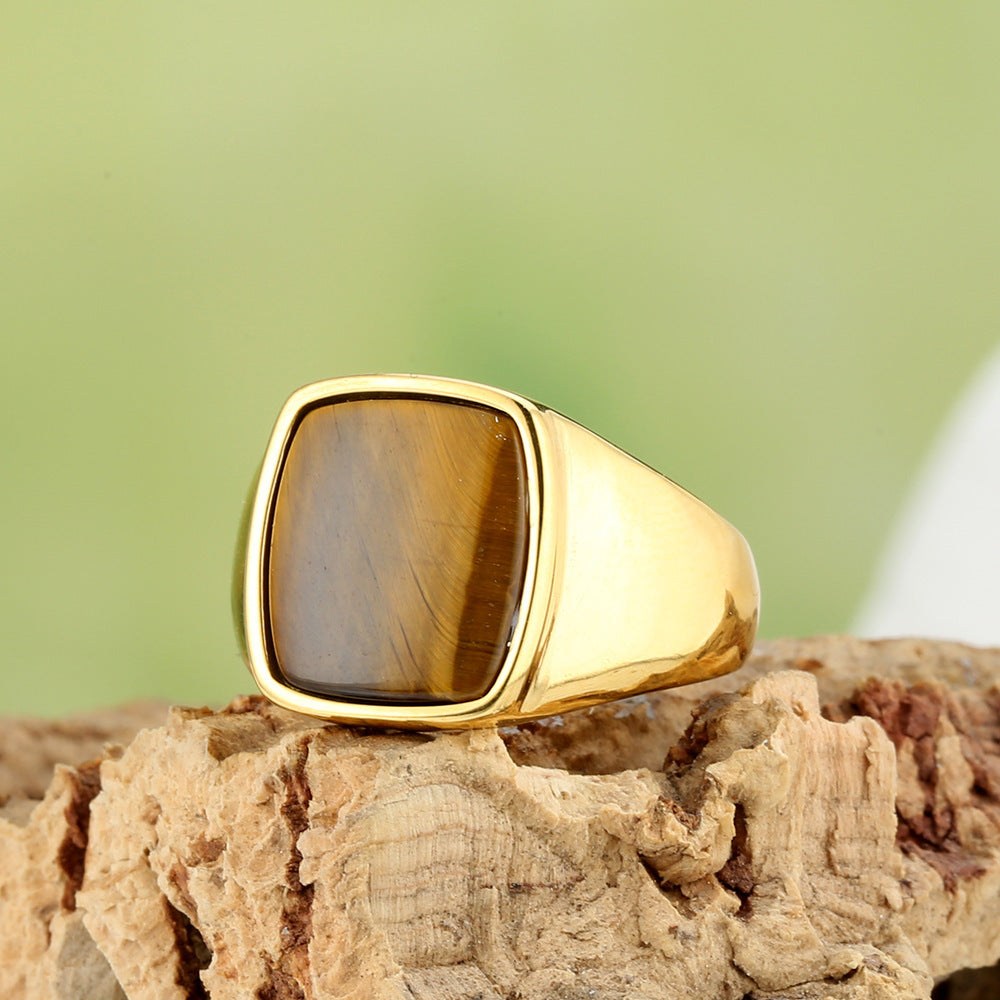Square Cabochon Stone Bezel Men Signet Ring, Gold Silver Onyx Tiger Eye Vintage Band