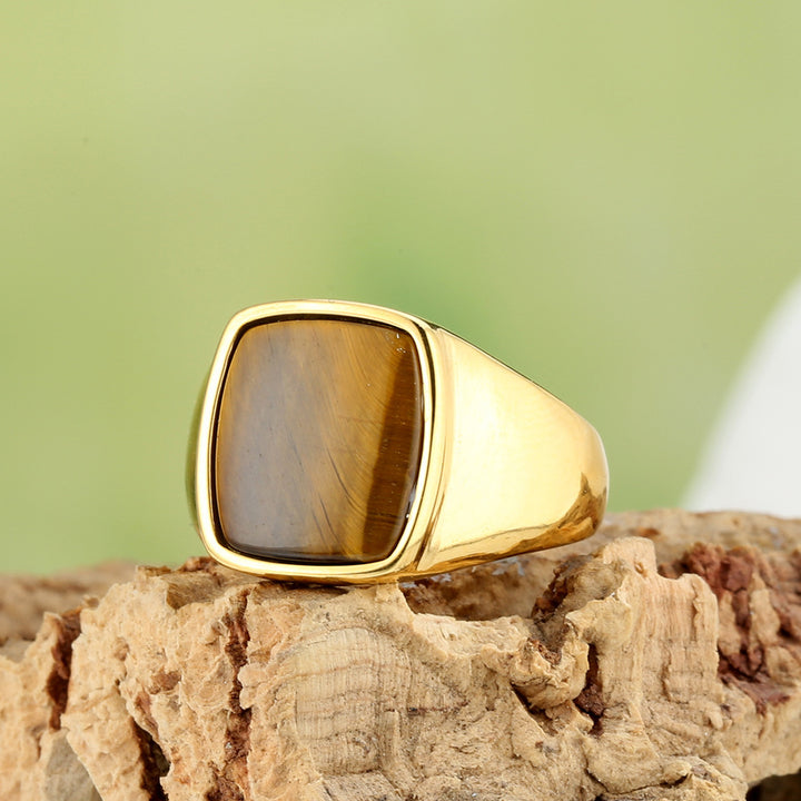 Square Cabochon Stone Bezel Men Signet Ring, Gold Silver Onyx Tiger Eye Vintage Band
