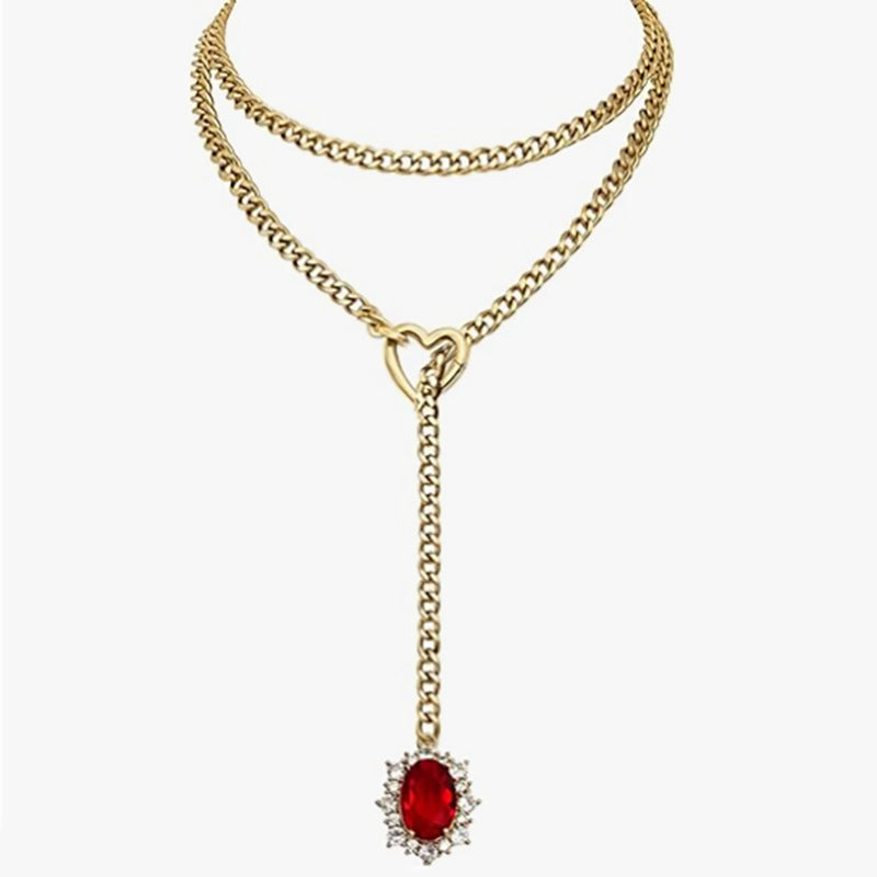 Double Layer Heart Clasp Colored Gem Y-Necklace