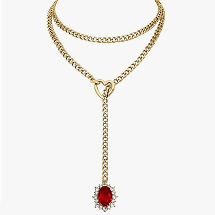 Double Layer Heart Clasp Colored Gem Y-Necklace