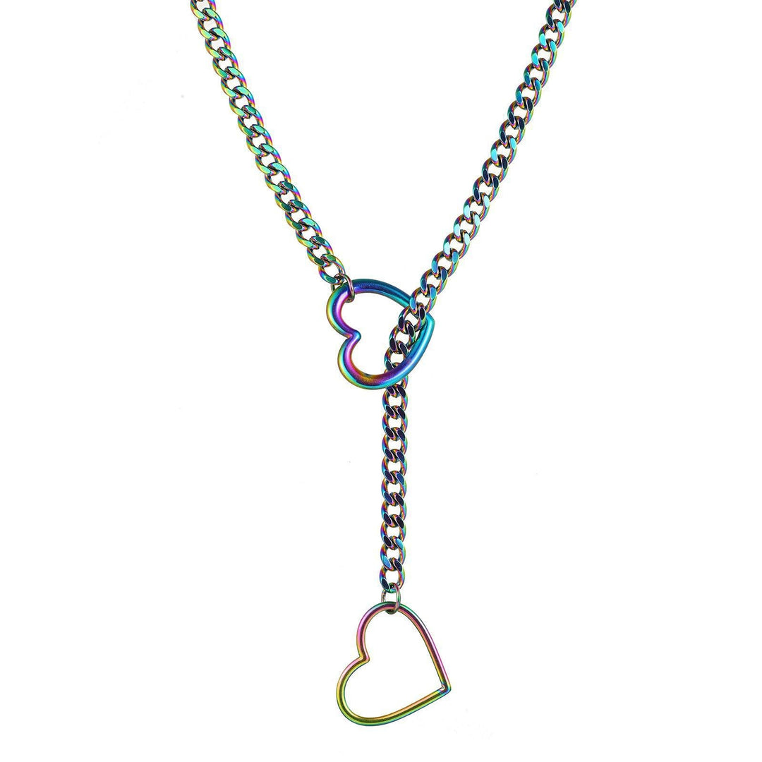 Hollow Heart Cuban Y-Slide Necklace, 4-Tone Metal Edgy Adjustable Choker