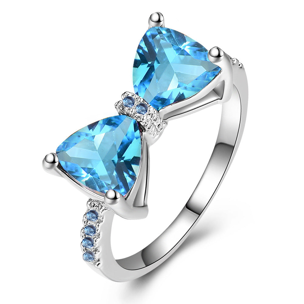 Triangle Stone Bow Pave Ring, Multi-Color Gem Silver/Rose Gold Luxury Feminine Band