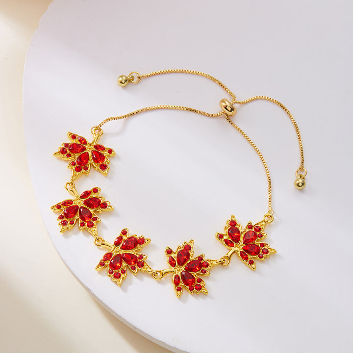 Red Diamond Maple Leaf Jewelry Set (Necklace + Bracelet + Hoop Earrings)