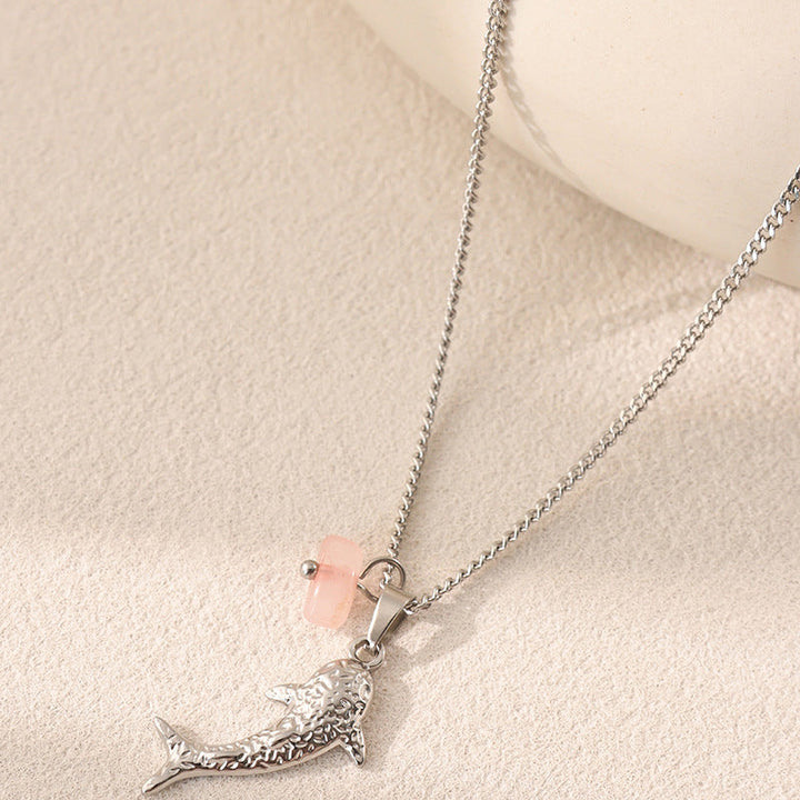 Textured Dolphin Natural Jade Collarbone Necklace, Pink Quartz & Green Aventurine, Gold & Silver Two-Tone Ocean Style Thin Chain