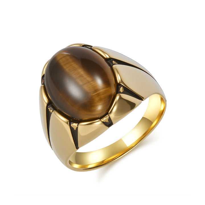 S925 Silver Oval Cabochon Gemstone Men Ring, Geometric Setting Tiger's‑Eye & Black Onyx Wide Band for Men