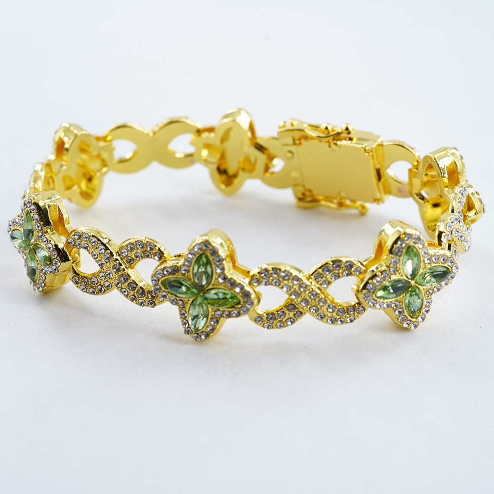 Infinity Knot Clover Clear Diamond Jewelry Set, Gold & Silver Tone Luxury Pave White Gemstone Bracelet & Necklace