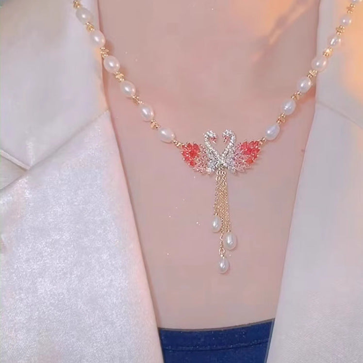 Long Sweater Chain Swan Pearl Necklace for Women