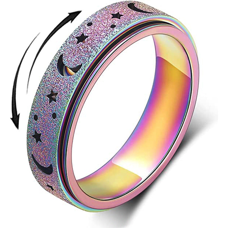 Star Moon Hollow Sandblast Spinner Fidget Ring, S925 Silver Multi-Color Starry Anxiety Relief Band For Men Women